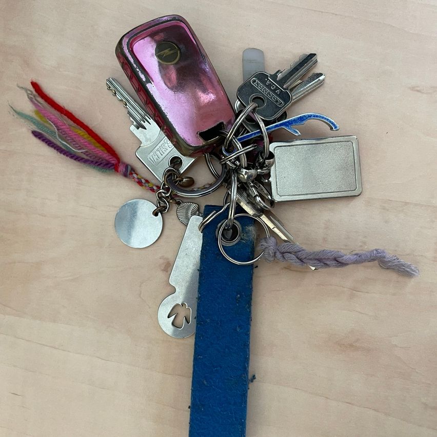 Eine Sammlung von Schlüsseln und eine rosa Handyhülle liegen auf einer Holzoberfläche. Die Schlüssel sind in verschiedenen Farben und Größen.