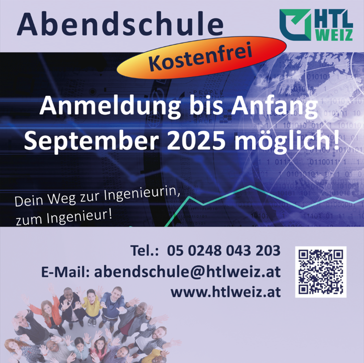 Werbung für Abendkurse bei Abendschule. Anmeldung bis Anfang September 2025 möglich. Kostenlos. Kontakt über Telefon, E-Mail und Website. QR-Code vorhanden.