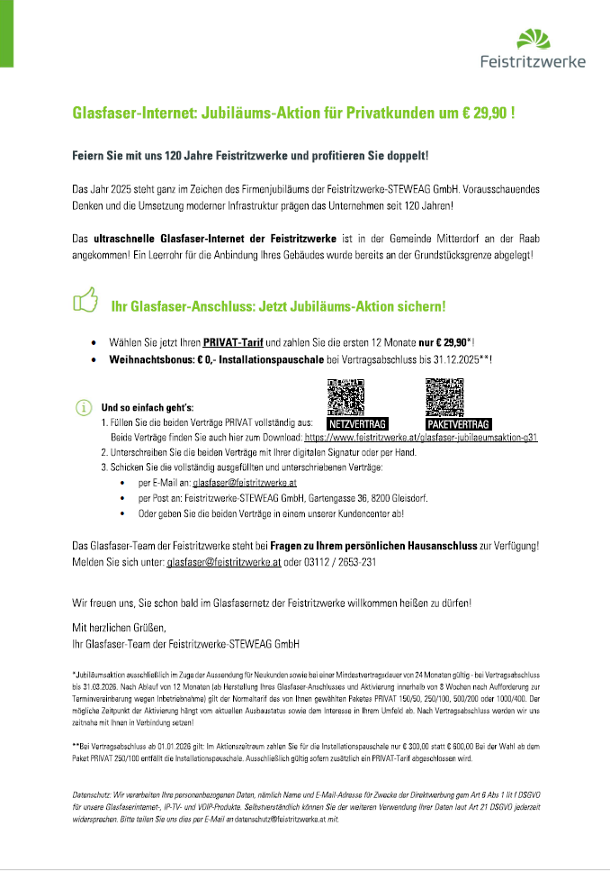 Feiern Sie mit uns 120 Jahre Glasfaser-Internet und verdoppeln Sie Ihren Gewinn! Wählen Sie den PRIVAT-Tarif und zahlen Sie nur 29,90 Euro für die ersten 12 Monate! Kontaktieren Sie Glasfaser-Internet unter 03112/2653-231 für eine persönliche Beratung.