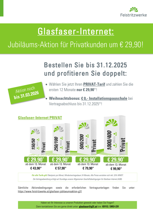 Ein Flyer bewirbt eine Jubiläumsaktion für Glasfaser-Internet für Privatkunden zum Sonderpreis von 29,90€, gültig bis 31.03.2026. Kunden können ihren PRIVATE-Tarif wählen und für die ersten 12 Monate nur 29,90€ zahlen. Der Angebot beinhaltet einen 0€ Installationsbonus bei Vertragsabschluss bis 31.12.2025*. Der Flyer listet verschiedene Pläne mit unterschiedlichen Datenmengen und Preisen auf. Zusätzliche Bedingungen sind auf der Website verfügbar.