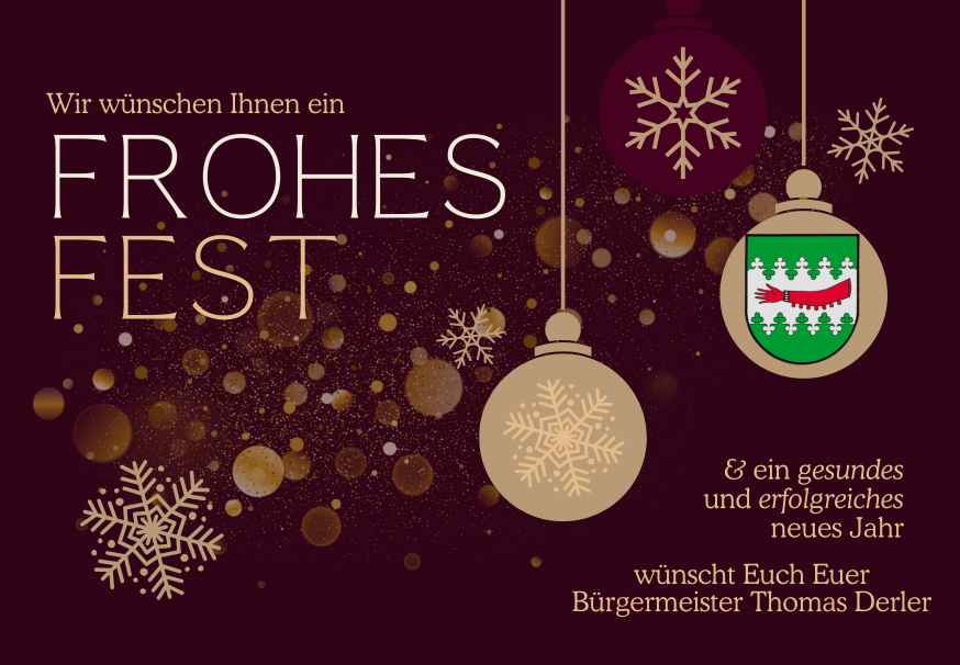 Ein festlicher Banner mit Weihnachtsthema, mit Schneeflocken, Ornamenten und einem Stadtwappen. Der Text lautet, 'Wir wünschen Ihnen ein Frohes Fest und ein gesundes, erfolgreiches neues Jahr', unterzeichnet vom Bürgermeister Thomas.