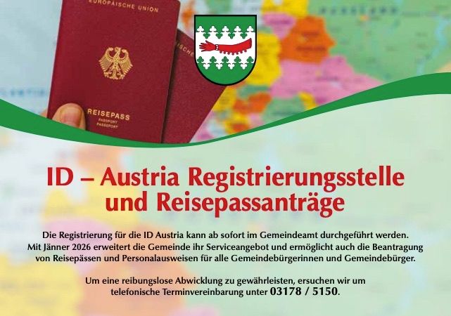 Plakat mit zwei österreichischen Reisepässen und einem Gemeindewappen. Der Text in Rot lautet: ID - Österreich Registrierungsstelle und Reisepassanträge. Es wird erwähnt, dass die Registrierung für österreichische Ausweisdokumente und Reisepässe im Gemeindebüro erfolgen kann. Kontaktdaten sind angegeben.