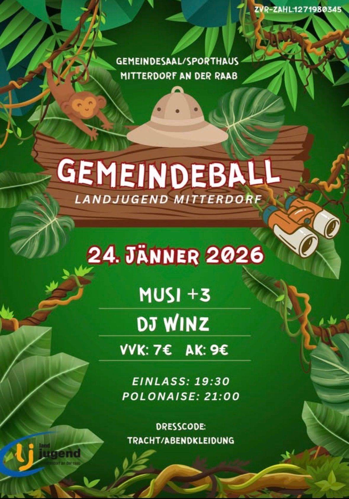 Ein grünes Plakat bewirbt einen Gemeindeball der Landjugend Mitterdof für den 24. Januar 2026. Es zeigt dschungelthematische Elemente wie Ferngläser, einen Affen und einen Safarihut.