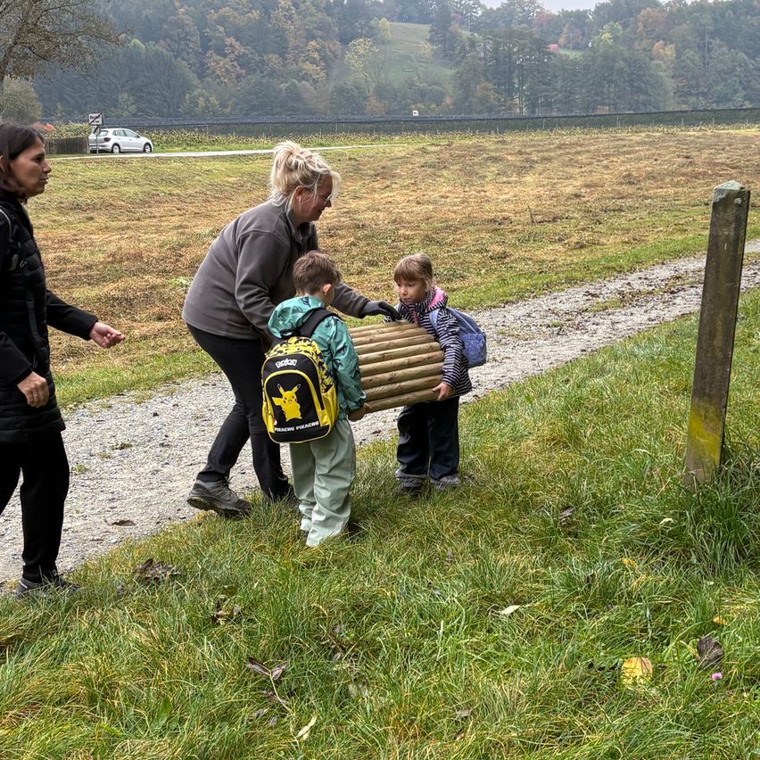 Zwei Erwachsene und zwei Kinder tragen einen Bündel Holz auf einem Grasweg. Die Kinder haben Rucksäcke. Ein Auto ist im Hintergrund geparkt.