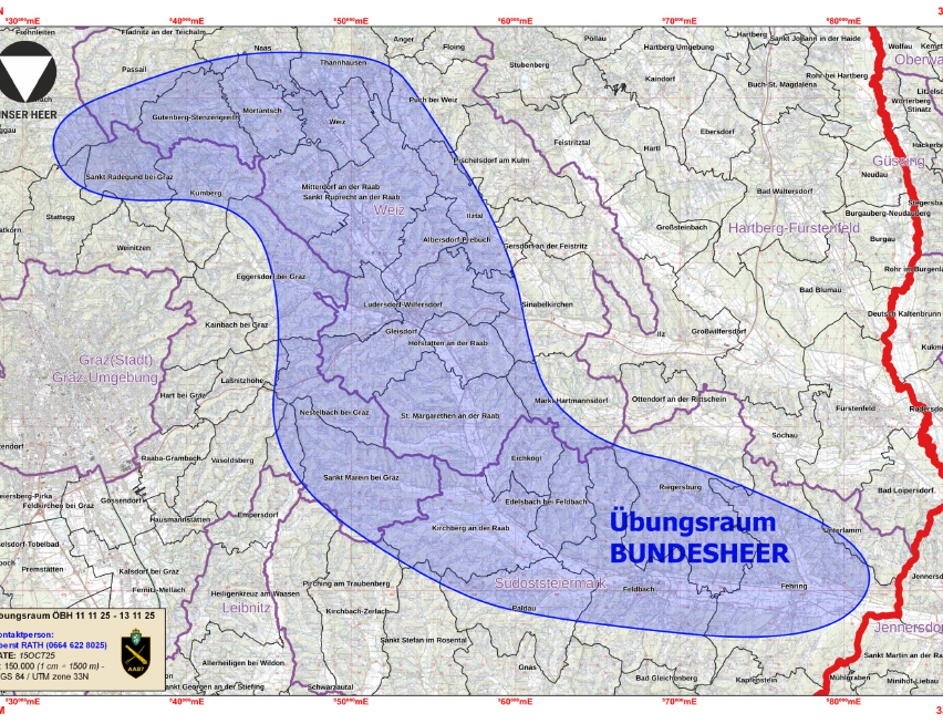 Die Karte zeigt ein Gebiet mit blauen und lila Umrissen, die Bereiche wie Graz Umgebung und Weiz hervorheben. Eine blaue Linie durchquert die Karte und markiert eine bestimmte Grenze. Verschiedene Städte und Wahrzeichen sind beschriftet, darunter Burgauberg, Hartberg-Furstenfeld und Feldbach. Koordinaten sind in den Ecken angegeben.