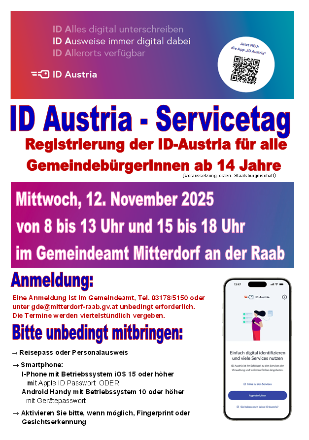 The image shows a registration event for ID Austria. The event is on November 12, 2025, from 8 to 13 and 15 to 18 at Gemeindeamt Mitterdorg. Registration required. Bring travel documents and smartphone.