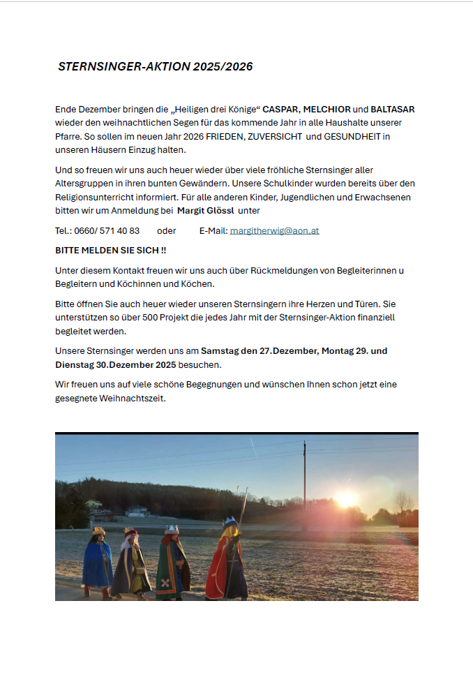 The image shows three people dressed as the Three Kings walking across a field at sunrise. They carry crowns and staffs. The text above them in German invites people to join them in their blessings for 2026.