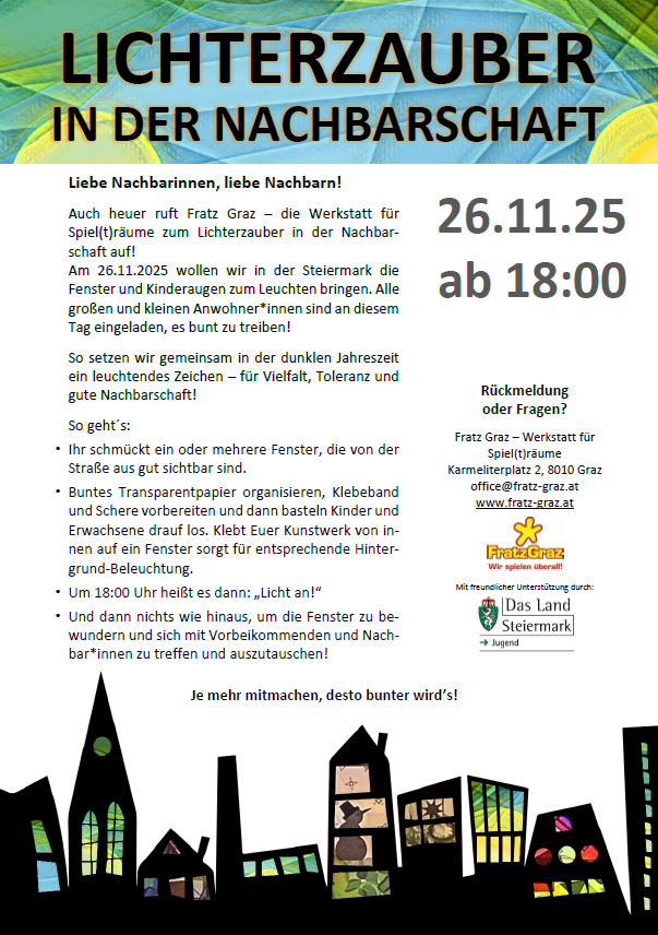 Poster for a neighborhood event, 'Lichterzauber in der Nachbarschaft', to be held on November 26, 2025, starting at 18:00. Residents are invited to light up their windows and children's rooms. It encourages community spirit, diversity, and good neighborliness.