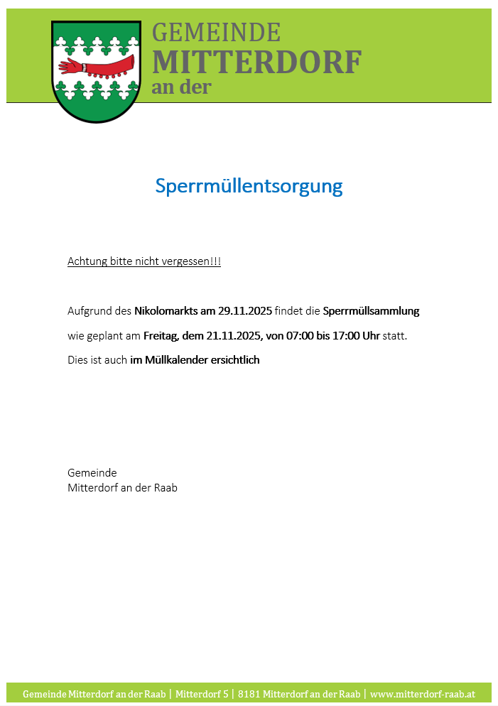 Spermiensammlung am Freitag, 21.11.2025, von 07:00 bis 17:00 Uhr, wegen Nikolomarkt am 29.11.2025. Bitte nicht vergessen!!! Im Müllkalender ersichtlich.
