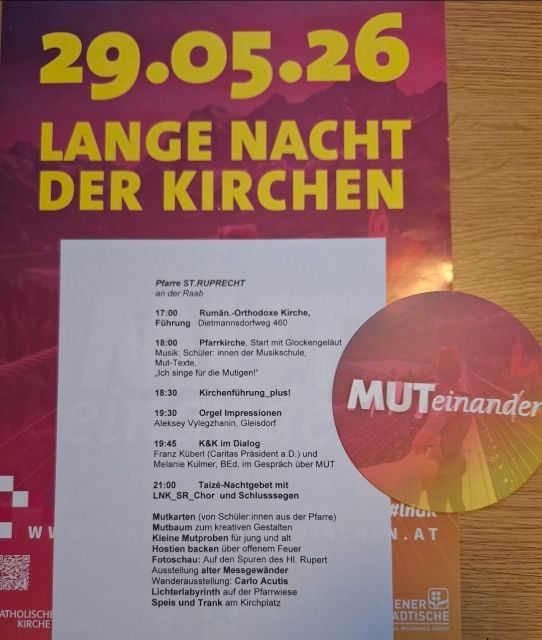 Plakat für die 'Lange Nacht der Kirchen' Veranstaltung am 29. Mai 2026 in der Pfarrkirche Raab. Aktivitäten umfassen Chorgesang, Orgelimpressionen, einen Dialog über Musik und einen Chor- und Schlagerabend.