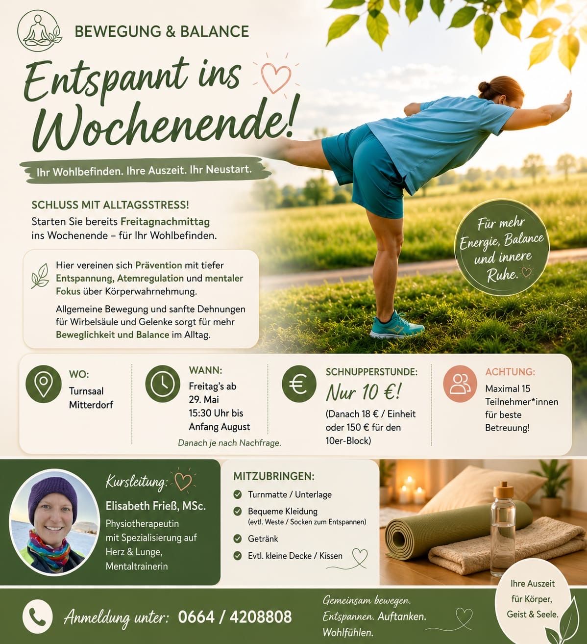 Eine Frau praktiziert Yoga im Park. Sie ist in Hellblau gekleidet, und der Park ist üppig und grün. Eine Werbung für ein Wellness-Wochenende wird angezeigt, das Entspannung und Balance bietet. Details umfassen Datum, Uhrzeit und Preis.