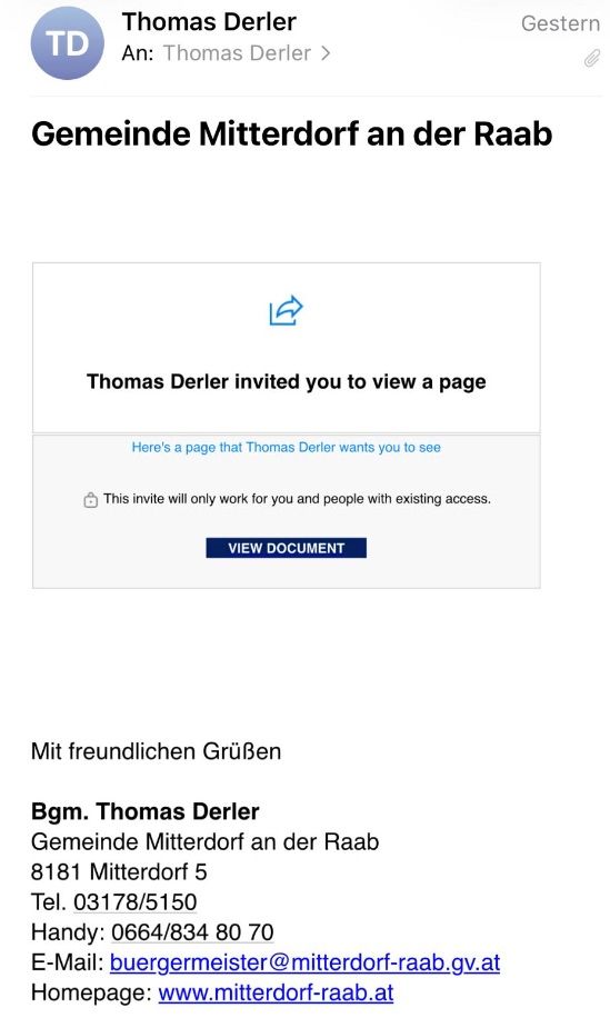 An invitation from Thomas Derler to view a page is displayed on a white background. The text reads, 'Thomas Derler invited you to view a page'. Below that, there is a message saying, 'Here's a page that Thomas Derler wants you to see'. There is also a note that reads, 'This invite will only work for you and people with existing access'. The page ends with a signature line and contact information.