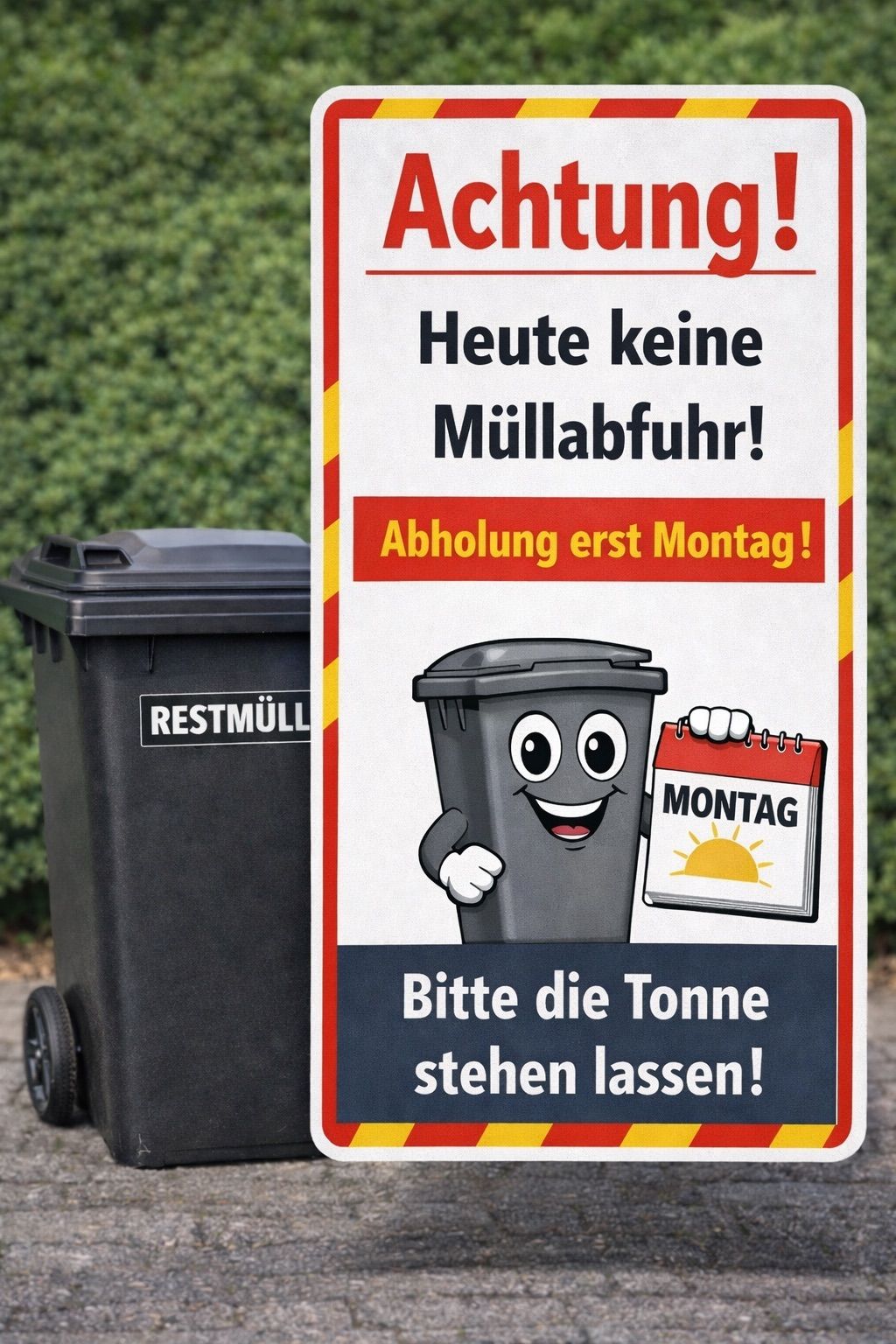 A sign next to a trash can states that garbage collection is not happening today, with pickup scheduled for Monday. The sign features a cartoon trash can character holding a calendar with the word Montag.