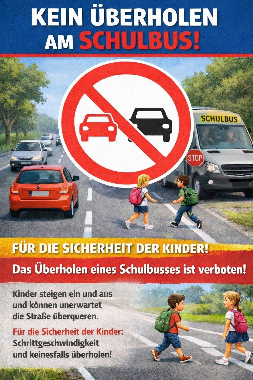 Ein Plakat warnt vor dem Überholen eines Schulbusses. Kinder überqueren die Straße mit Rucksäcken, ein Schulbus ist im Hintergrund sichtbar.