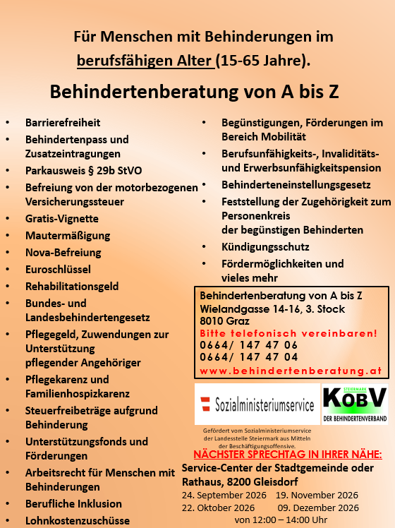 Ein Plakat bietet Informationen zu Behindertenberatungsdiensten für Menschen mit Behinderungen im Alter von 15-65 Jahren. Es listet Vorteile wie Barrierefreiheit, Behindertenpass und Steuerbefreiungen auf. Es werden auch Dienstleistungen wie berufliche Rehabilitation, Behindertenversicherung und mehr erwähnt. Kontaktinformationen und Termine für bevorstehende Beratungssitzungen werden bereitgestellt.