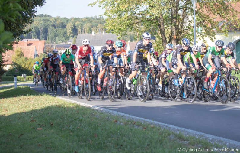 A group of cyclists in a race, wearing helmets and cycling jerseys, riding on a road with a grassy verge and houses in the background.
