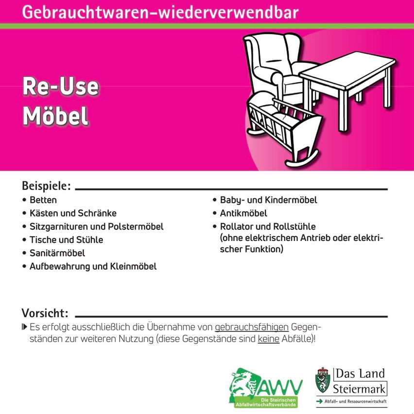 An advertisement for re-usable furniture, featuring a crib, chair, and table. It lists types of furniture such as baby and children's furniture, antique furniture, and more. It also includes a warning about the items being usable and not waste.
