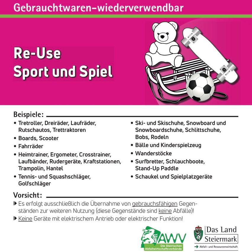 A poster titled 'Re-Use Sport and Play' features a teddy bear, skateboard, soccer ball, and other sports equipment. It lists examples of reusable sports and play items and advises against using electrical devices.