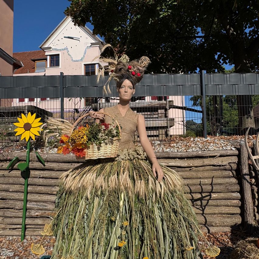 A mannequin dressed in a dress made of wheat and flowers stands in front of a sunflower and a wooden fence.