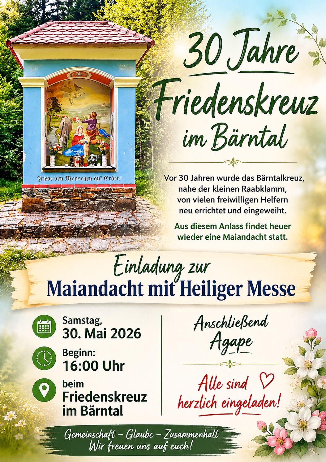 Plakat für die Maiandacht mit Heiliger Messe am Friedenskreuz im Bärntal. Es zeigt eine religiöse Szene, eine Einladung zur Veranstaltung und Details zu Ort und Zeit.