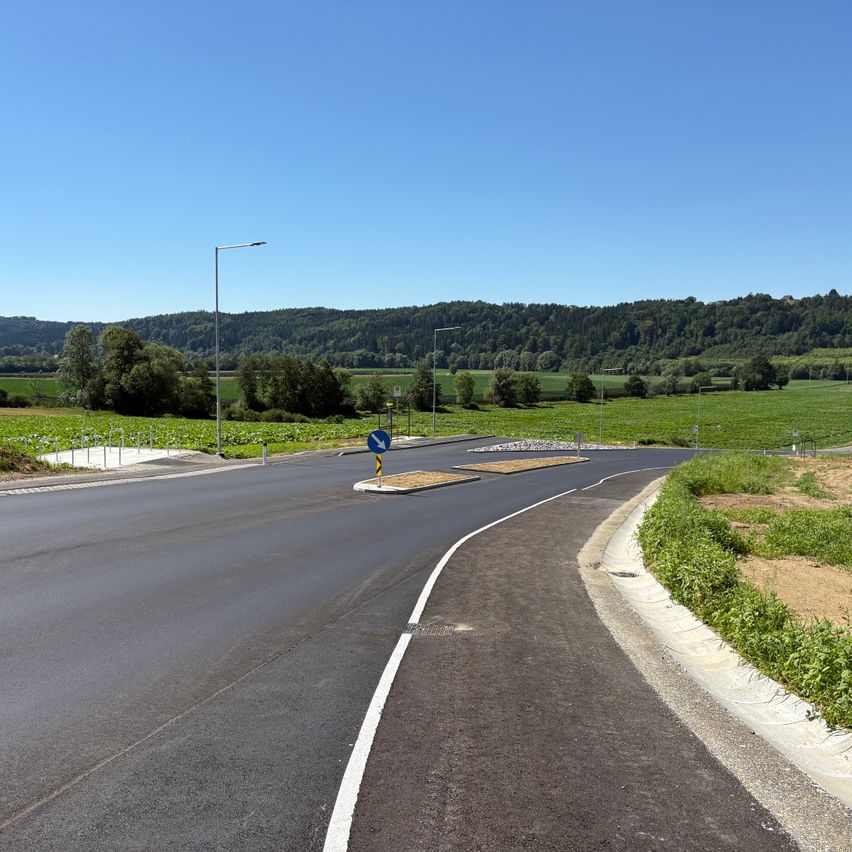 An empty road curves through a green landscape with hills and trees. A streetlight and a sign are placed at the curve.