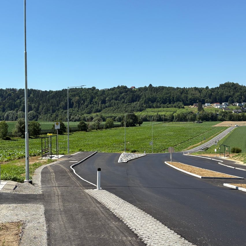 An empty road with a curve, surrounded by green fields and a forest in the distance, under a clear blue sky.