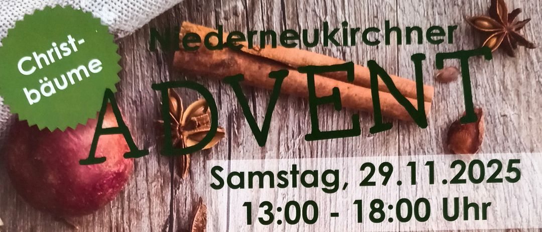 Das Bild ist ein Veranstaltungsflyer für eine Adventsveranstaltung am 29. November 2025 von 13:00 bis 18:00 Uhr. Es enthält einen Zeitplan, Essensoptionen und Aktivitäten an zwei Orten, Pfarrheim und Gemeindezentrum. Aktivitäten umfassen Handwerk, Getränke und Mahlzeiten.