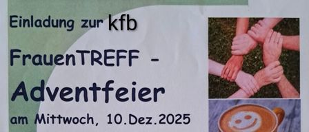 Plakat für ein Frauentreffen im Pfarrheim Niedernkirchen am Mittwoch, 10. Dez. 2025, von 14:00 bis 16:00 Uhr. Zeigt eine Adventskränze, eine Tasse Kaffee und Hände, die sich halten. Alle Frauen sind herzlich eingeladen.