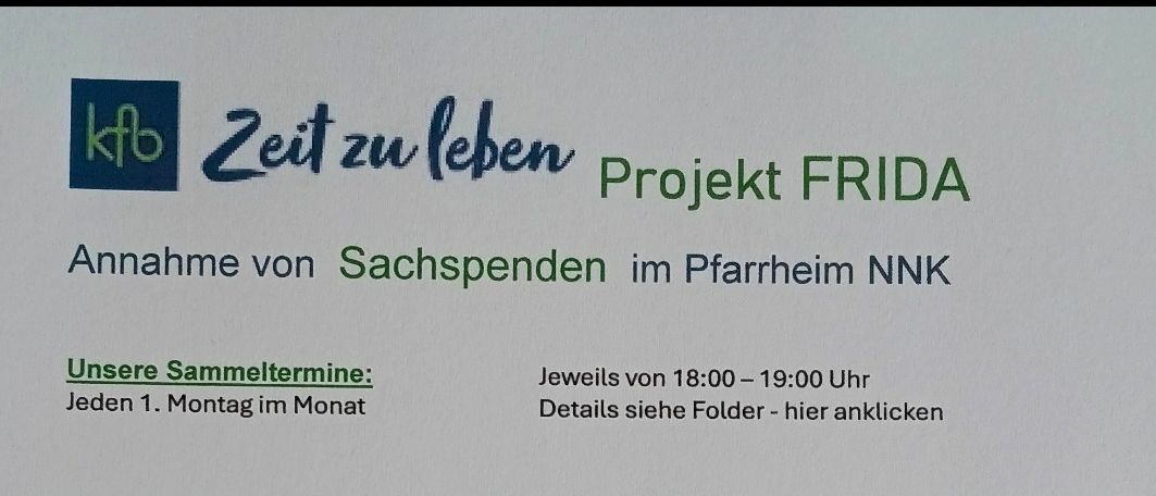 Der Flyer zeigt einen Zeitplan für Sammeltermine in Linz, Österreich, einschließlich einer Liste von Terminen von Dezember 2025 bis Juni 2026, mit keiner Sammlung im Juli und August. Es wird auch erwähnt, dass FRIDA ein Tageszentrum in Linz ist, das obdachlosen und gefährdeten Frauen einen sicheren Rückzugsort bietet. Es listet Lebensmittel auf, die gespendet werden können, wie Reis, Nudeln, Dosenfrüchte und Kochöl.