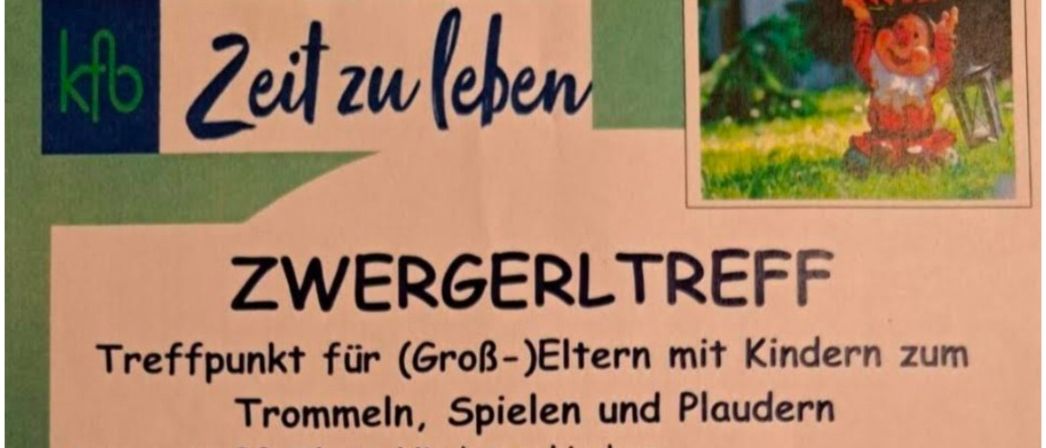 Plakat für Zwergerltreff, ein Treffpunkt für (Groß-)Eltern mit Kindern zum Trommeln, Spielen und Klatschen. Ort: Pfarrheim Niederneukirchen. Termine: Donnerstags ab 8. Januar 2026, 9:00-11:00 Uhr.