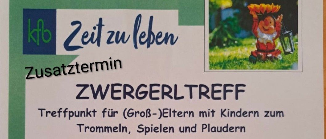 Ein Flyer für die Zwergerltreff-Veranstaltung in Niederneukirchen. Er lädt (Groß-)Eltern mit Kindern zum Trommeln, Spielen und Planschen ein. Der Ort ist Schulstraße 16.