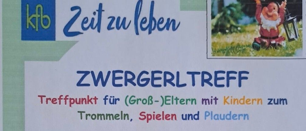 Flyer für Zwergerltreff-Veranstaltung, ein Treffen für Eltern und Kinder zum Trommeln, Spielen und Klatschen, befindet sich in der Schulstraße 16, am 13. Februar 2026, von 9:00 bis 11:00 Uhr. Beinhaltet Singen, Kniereitspiele und freie Spielzeit. Kontaktieren Sie Roswitha Schneebauer unter 0660/65 62 249. Ausgerichtet von der Katholischen Frauenbewegung Niederneukirchen.
