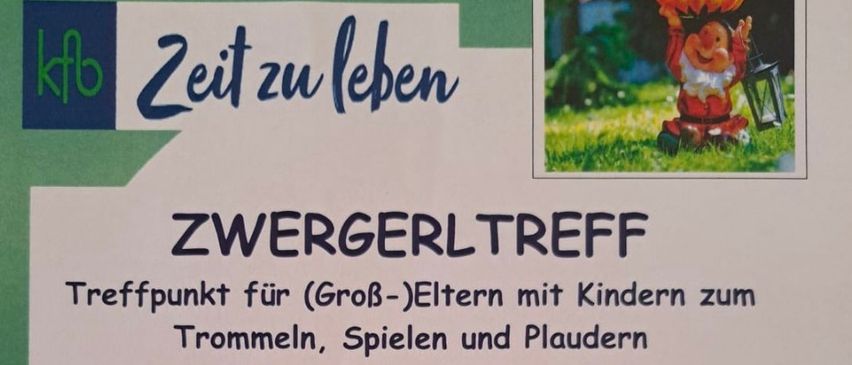 A flyer advertising Zwergerltreff, a meeting point for (grand)parents with children to drum, play, and applaud. A gnome with flowers is depicted.