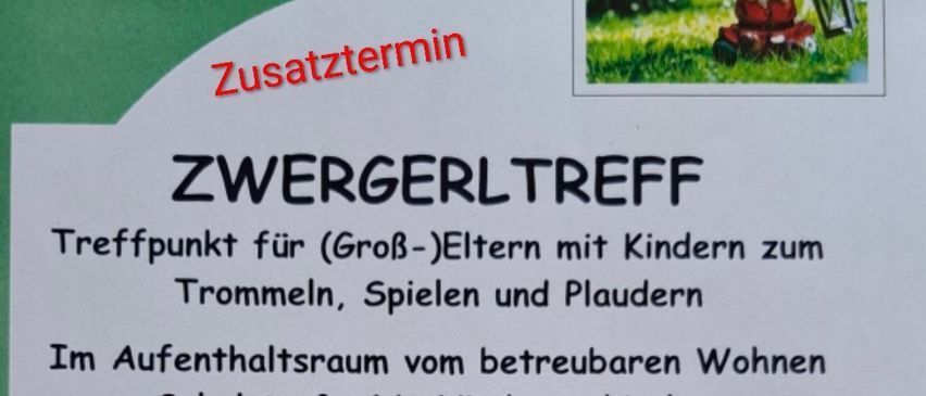 Zwergerltreffen für Eltern und Kinder zum Trommeln, Spielen und Klatschen. Ort: Schulstraße 16, Niederneukirchen. Zeit: 29. Mai 2026, 9:00-11:00 Uhr. Weitere Infos: Roswitha Schneebauer, 0660/65 62 249.