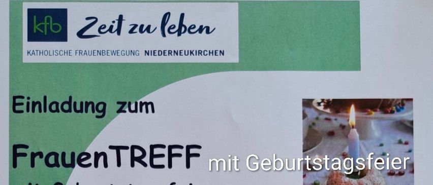 Poster for Women's Meeting with birthday celebration on Wednesday, June 10, 2026 from 14:00 to 16:00 at Pfarrheim Niederneukirchen. Images of coffee, cake, and hands.