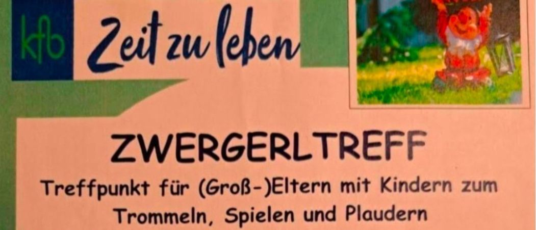 Flugblatt für Zwergertreff, ein Treffpunkt für (Groß-)Eltern mit Kindern zum Trommeln, Spielen und Plaudern. Ort: Pfarrheim Niederneukirchen. Termine: Verschiedene Donnerstage von Januar bis Juni 2026. Ab September nach Bedarf.