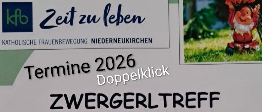 Plakat für Zwergerltreff-Veranstaltung im Jahr 2026, mit Terminen und Uhrzeiten für Zusammenkünfte im Pfarrheim Niederneukirchen, mit Illustrationen von spielenden Kindern.