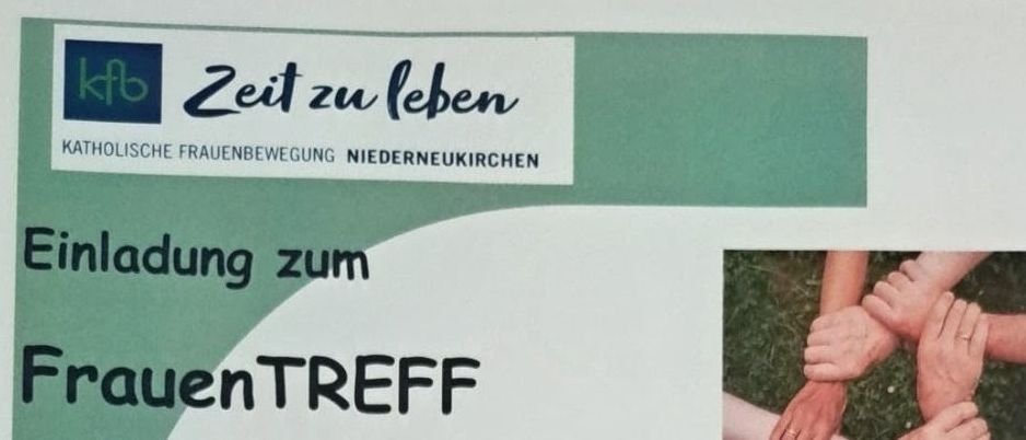 Plakat für ein Frauentreffen im Pfarrheim Niederneukirchen am Mittwoch, 9. September 2026, von 14:00 bis 16:00 Uhr. Es zeigt Bilder von Händen, die sich halten, einer Kaffeetasse mit einem lächelnden Gesicht und einem Brettspiel.