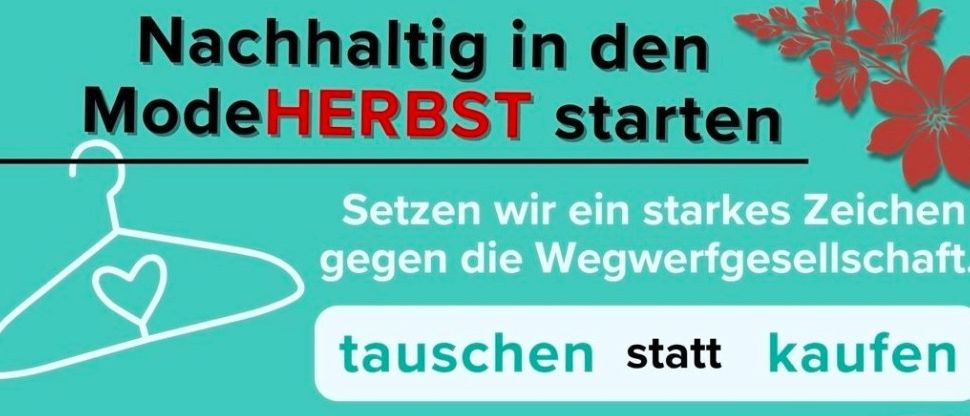 Plakat für einen Kleidertausch-Event im Pfarrheim Niederneukirchen am 11. September 2026 von 16:00 bis 21:00. Zeigt Bilder von Kleidung und ein Recycling-Symbol.