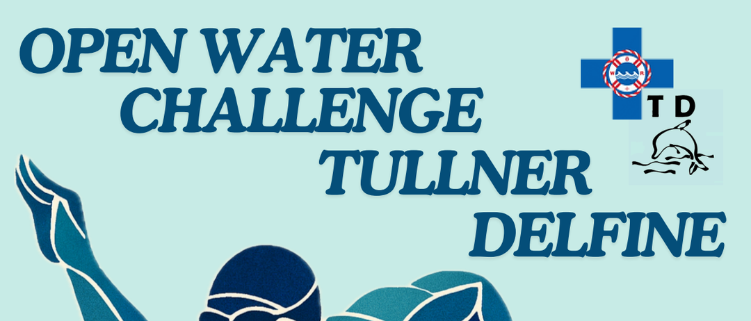 Plakat für das Tullner Delfine Schwimmevent am 4. Juli 2026. Schwimmer aller Niveaus sind willkommen. QR-Code für die Anmeldung.