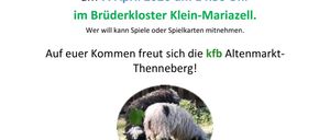 Plakat für ein Ostereiersuchen der Katholischen Frauenbewegung am 7. April 2006 um 14:30 Uhr im Bruderkloster Klein-Mariazell. Teilnehmer können Spiele oder Spielkarten mitbringen. Der kfb Altenmarkt-Thennerberg freut sich auf Ihren Besuch. Osterwache der kfb am Karfreitag von 9-10 Uhr in Altenmarkt. Die Katholische Frauenbewegung wünscht ein frohes und gesegnetes Osterfest.