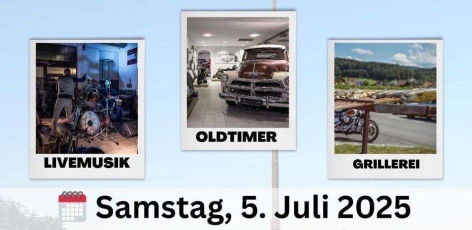 Plakat für die Maibaum Umschnitt Veranstaltung am 5. Juli 2025. Es zeigt Live-Musik, Oldtimer-Autos und Grillen. Adresse: 2640 Gloggnitz, Franz-Dittelbachstraße 4. Beginn um 12:00 Uhr.
