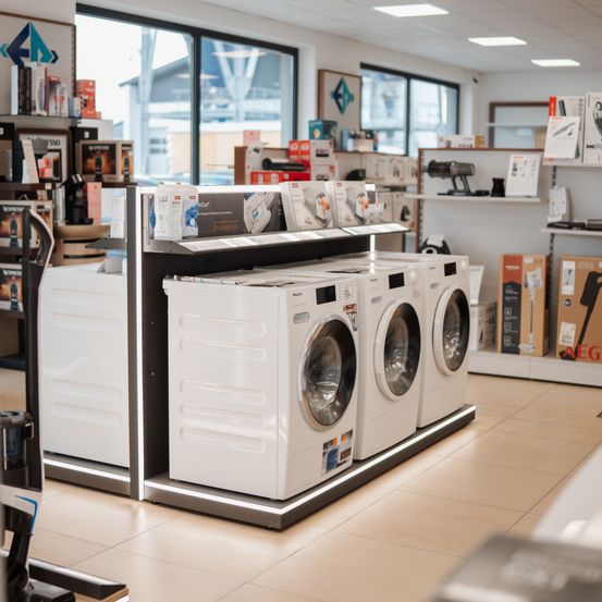 Ein Ausstellungsraum mit weißen Haushaltsgeräten, einschließlich Waschmaschinen, auf einer Plattform mit Regalen dahinter, die verschiedene Produkte präsentieren.