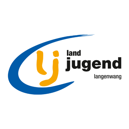 Das Bild zeigt ein Logo für 'land jugend langenwang'. Das Logo hat ein stilisiertes 'U' in Gelb und Orange mit einer blauen Welle. Der Text 'land jugend' ist in Schwarz, während 'langenwang' in Blau ist.