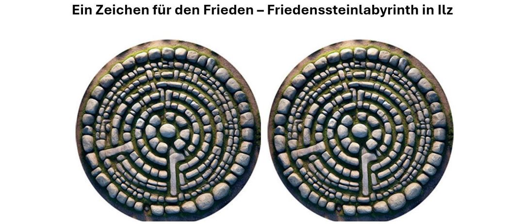 Zwei kreisförmige Steinlabyrinthe auf weißem Hintergrund, jeweils mit einem zentralen Stein und einem weißen Pfad, der nach außen führt.