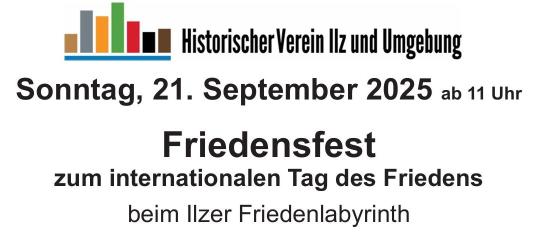 Ein Plakat zum Internationalen Tag des Friedens im Jahr 2025. Es zeigt ein Balkendiagramm und den Text 'Friedensfest' mit dem Datum 21. September 2025.