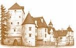Eine Illustration einer mittelalterlichen Burg mit mehreren Türmen und Zinnen, umgeben von Bäumen und einer Steinmauer.