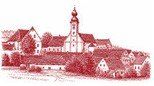 Eine rot gefärbte Illustration eines kleinen Dorfes mit einer Kirche im Zentrum, umgeben von rot gedeckten Gebäuden und üppiger Grünfläche.