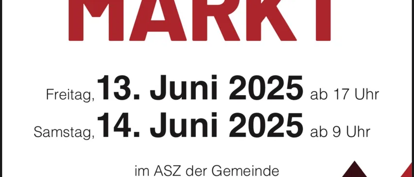 Plakat für die Veranstaltung Fettzen Markt, geplant für den 13. und 14. Juni 2025. Es findet im Gemeindezentrum von St. Veit/Südsteiermark, Hochfeld 231, statt. Es beginnt am Freitag um 17 Uhr und am Samstag um 9 Uhr. Das Plakat enthält rote geometrische Formen und den Text 'Wir freuen uns auf Ihr Kommen!' in Rot.