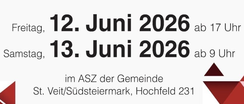 Fetzner Markt Veranstaltungsposter für 12. und 13. Juni 2026. Ausrichter ist ASZ in St. Veit/Südsteiermark, Hochfeld 231. Freitag ab 17 Uhr und Samstag ab 9 Uhr. Veranstalter sind Haus Rauch und Manfred Prutsch.
